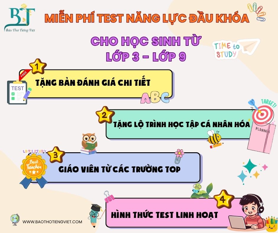 MIỄN PHÍ KIỂM TRA NĂNG LỰC ĐẦU KHÓA CHO HỌC SINH TỪ LỚP 3 - LỚP 9